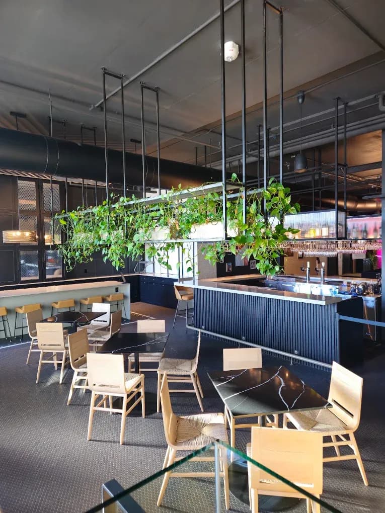 Restaurant bar with a navy fluted front, trailing plants hung from a steel frame above, and wood chairs at dark marble tables