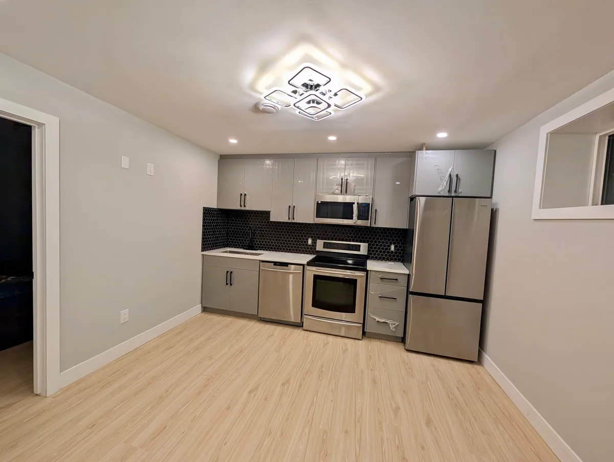 Single-wall basement suite kitchen with grey gloss cabinets, a black hexagon tile backsplash, stainless appliances and light plank flooring