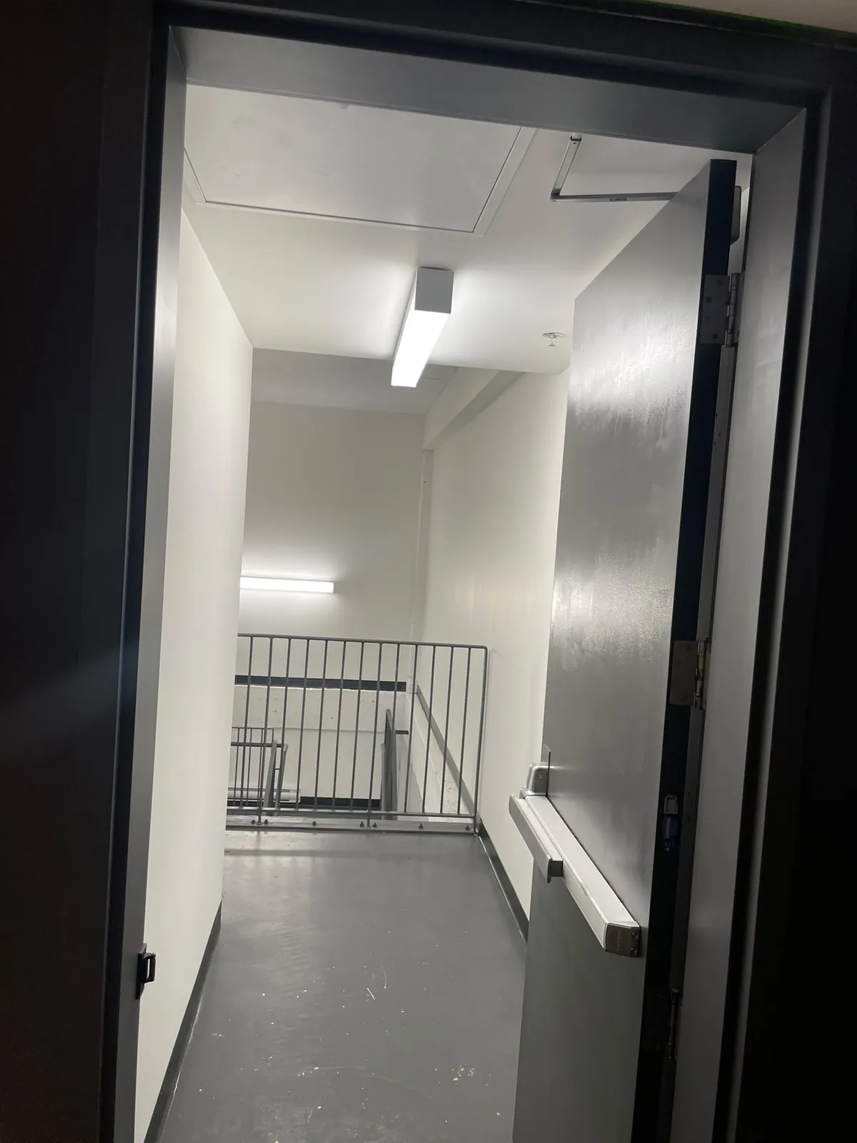 Dark-framed exit door held open onto a bright stair landing with a steel railing