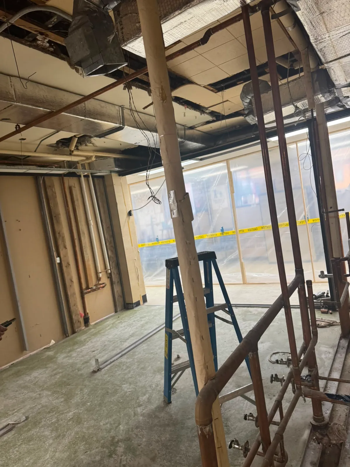 Ceiling opened to the structure above new wall framing, with a ladder and plastic containment by the windows