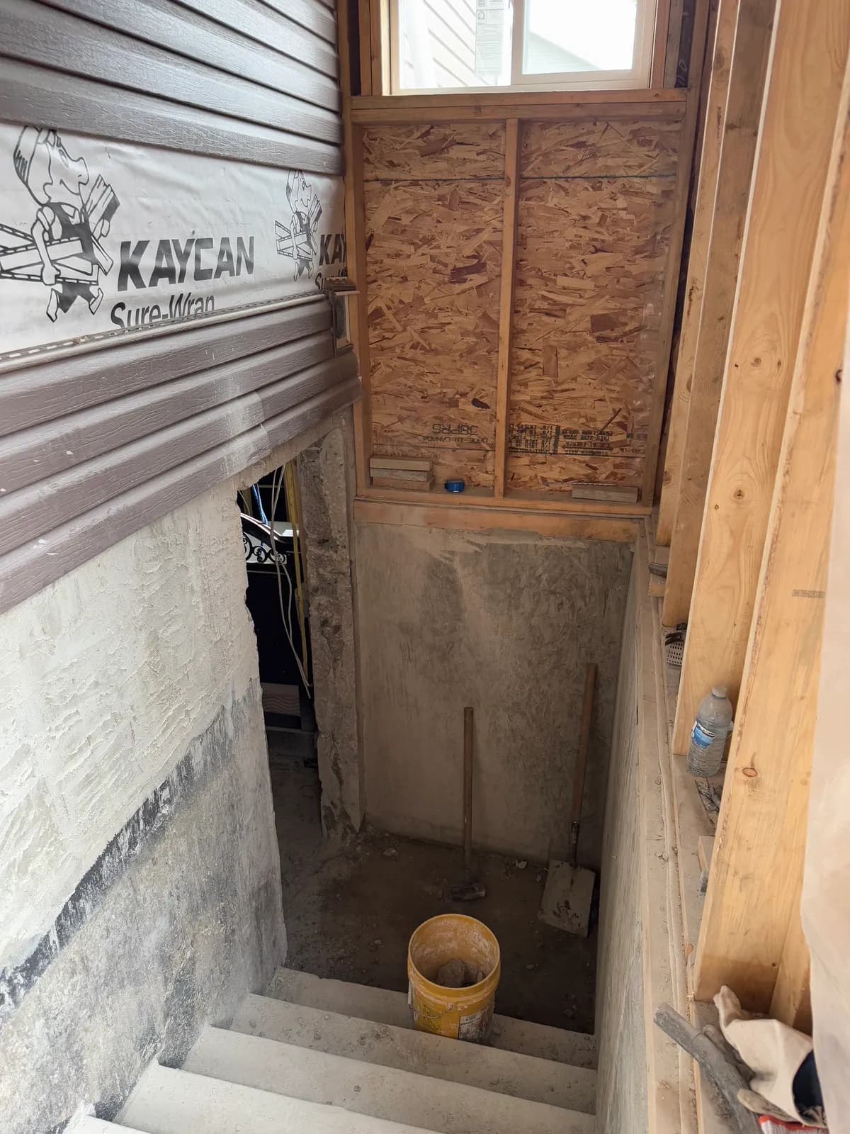 Concrete steps leading down to a doorway cut through a foundation wall, with new framing and sheathing above